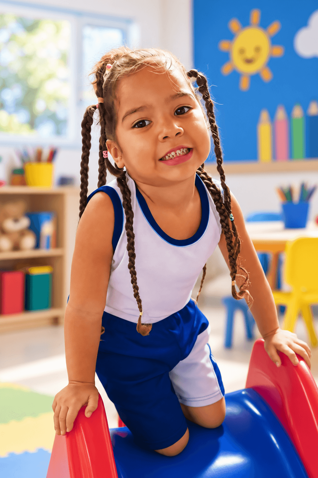 Aluna sorridente da Educação Infantil brincando no escorregador do parquinho
