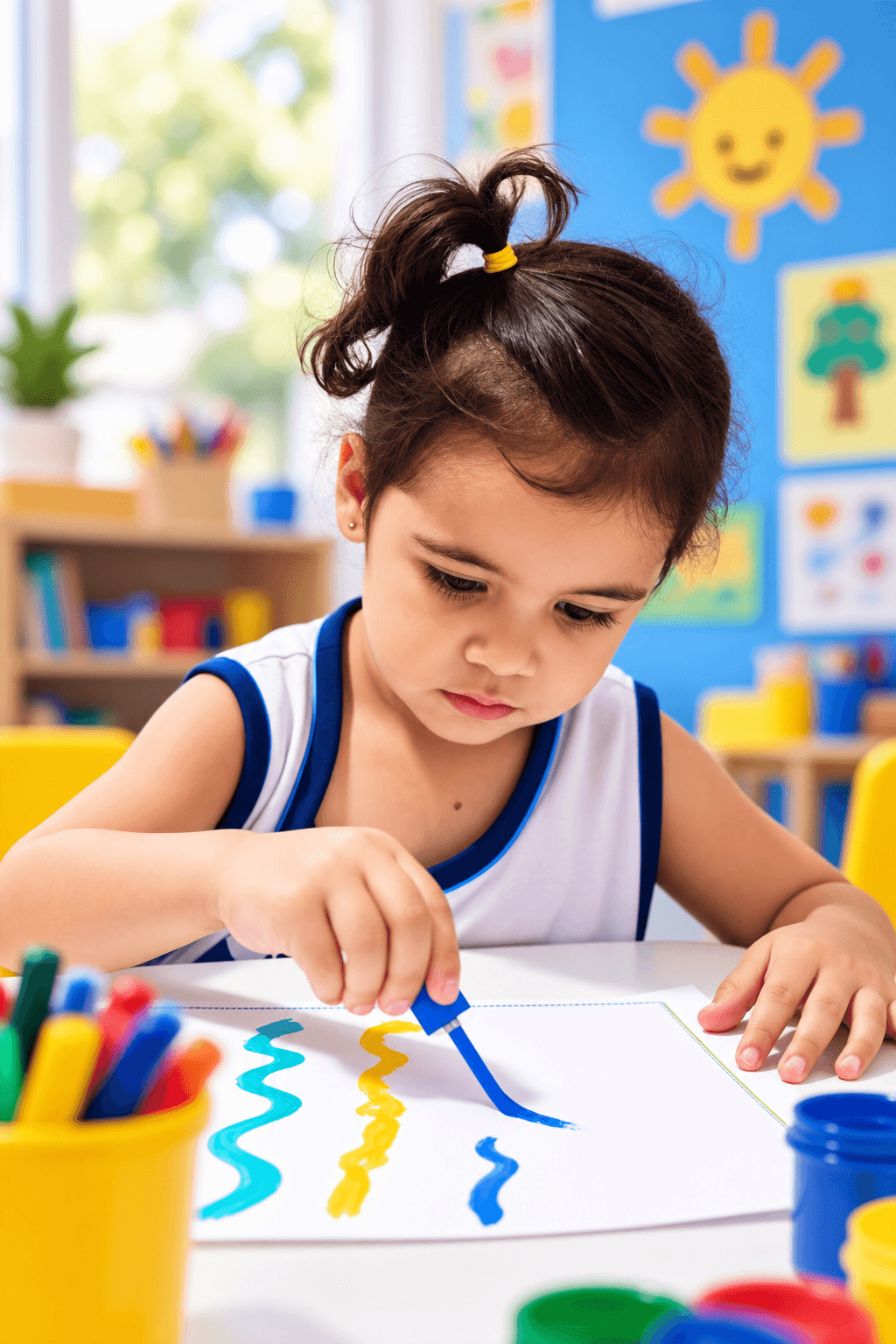 Aluna do Fundamental I concentrada pintando um desenho em sala de aula
